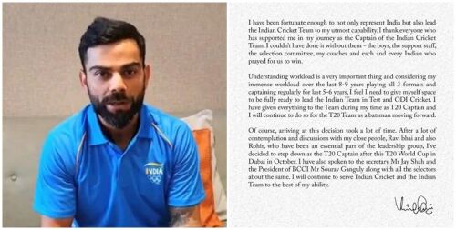 Virat Kohli to step down from T20I captaincy after T20 World Cup Image